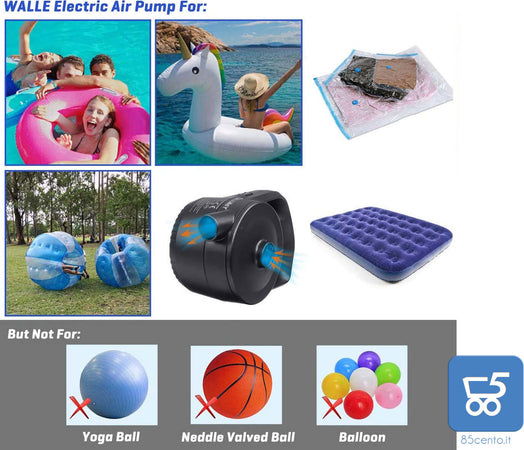 Mini Pompa Portatile Aria Gonfiaggio Sgonfiaggio 3 ugelli a batteria ricarica 220v o presa 12V accendisigari auto Materassino gonfiabile spiaggia
