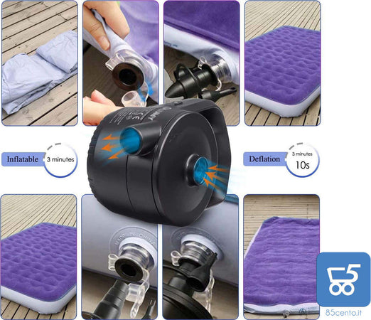 Mini Pompa Portatile Aria Gonfiaggio Sgonfiaggio 3 ugelli a batteria ricarica 220v o presa 12V accendisigari auto Materassino gonfiabile spiaggia