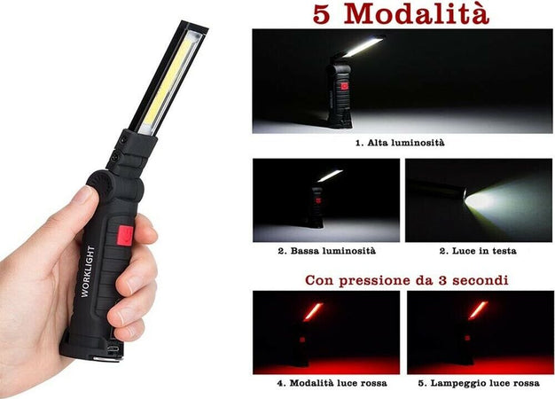 Mini-Torcia-Led-Cob-Luce-Bianca-Rossa-Batteria-Ricaricabile-Base-Calamitata-Gloriashoponline