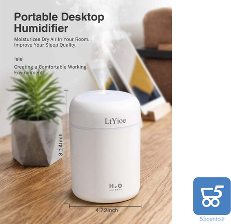 Mini Umidificatore da Scrivania per Auto Ufficio Camera da Letto Spegnimento Automatico 2 Modalità Nebulizzazione Silenzioso Bianco USB