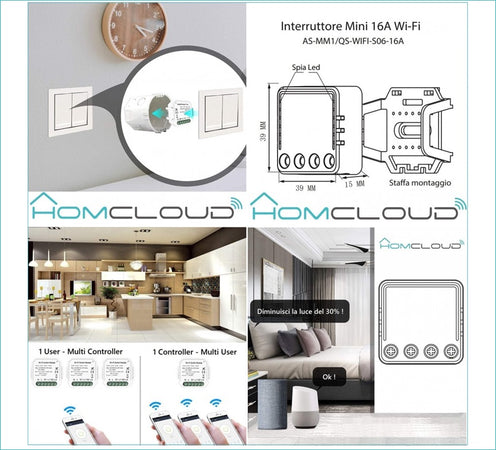 Modulo Interruttore Intelligente Mini Wi-Fi da incasso con comando da Smartphone e Vocale HOMCLOUD