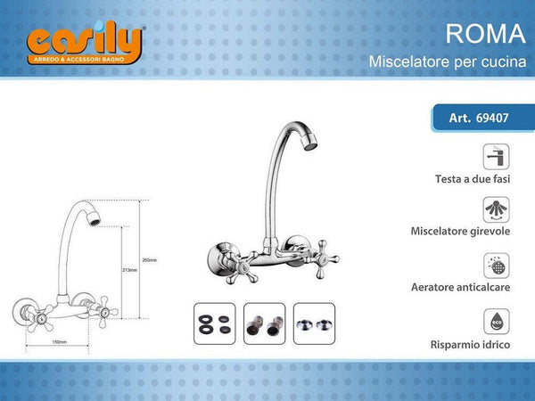 Miscelatore Rubinetto Parete Manopole A Croce Cucina Lavello Ottone Roma 69407 Fai da te/Attrezzature per cucine e bagni/Impianti per la cucina/Rubinetti da cucina/Rubinetti per lavelli da cucina Trade Shop italia - Napoli, Commerciovirtuoso.it
