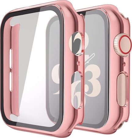 Misxi Custodia rigida con pellicola protettiva in vetro, compatibile con Apple Watch Series 6 / SE/Serie 5 / Series 4 44 mm, 2 pezzi, 1 rosa + 1 trasparente
