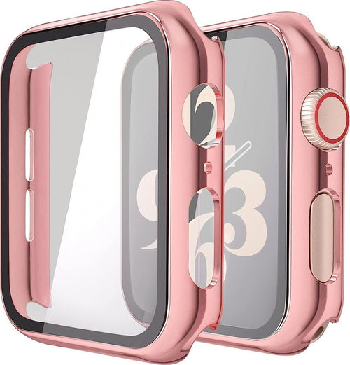 Misxi Custodia rigida con pellicola protettiva in vetro, compatibile con Apple Watch Series 6 / SE/Serie 5 / Series 4 44 mm, 2 pezzi, 1 rosa + 1 trasparente