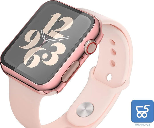 Misxi Custodia rigida con pellicola protettiva in vetro, compatibile con Apple Watch Series 6 / SE/Serie 5 / Series 4 44 mm, 2 pezzi, 1 rosa + 1 trasparente