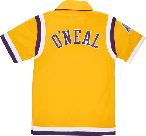 MITCHELL-&amp;-NESS-Camicia-Manica-Corta-Uomo-Nba-Shooting-Shirt-1996-No-34-Shaquille-O'neal-Loslak-Light-Gold-da-uomo