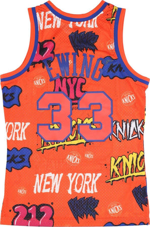 MITCHELL-&amp;-NESS-Canotta-Basket-Uomo-Nba-Slap-Sticker-Swingman-Jersey-Hardwood-Classics-No-33-Patrick-Ewing-1991-92-Neykni-Orange-da-uomo