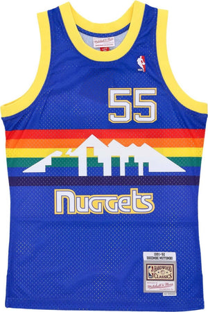 MITCHELL-&amp;-NESS-Canotta-Basket-Uomo-Nba-Swingman-Jersey-Hardwood-Classics-No-55-Dikembe-Mutombo-1991-92-Dennug-Road-Original-Team-Colors-da-uomo