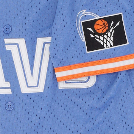 MITCHELL-&amp;-NESS-Casacca-Bottoni-Uomo-Nba-On-the-Clock-Mesh-Button-Front-Clecav-Light-Blue-da-uomo
