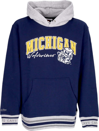 MITCHELL-&amp;-NESS-Felpa-Cappuccio-Uomo-Ncaa-Premium-Vintage-Logo-Fleece-Hoodie-Micwol-Navy-da-uomo