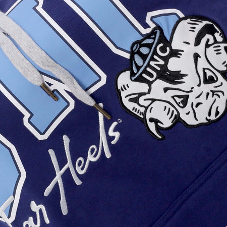 MITCHELL-&amp;-NESS-Felpa-Cappuccio-Uomo-Ncaa-Premium-Vintage-Logo-Fleece-Hoodie-Unchee-Navy-da-uomo