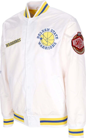 MITCHELL-&amp;-NESS-Giubbotto-Bomber-Uomo-Nba-Hometown-Lw-Satin-Jacket-Hardwood-Classics-Golwar-White-da-uomo