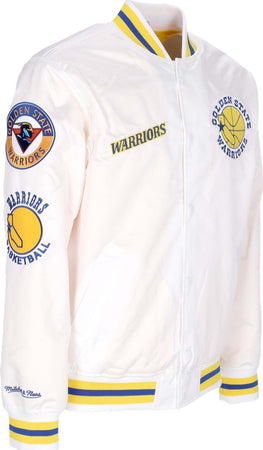 MITCHELL-&amp;-NESS-Giubbotto-Bomber-Uomo-Nba-Hometown-Lw-Satin-Jacket-Hardwood-Classics-Golwar-White-da-uomo