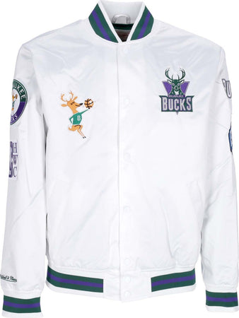 MITCHELL-&amp;-NESS-Giubbotto-Bomber-Uomo-Nba-Hometown-Lw-Satin-Jacket-Hardwood-Classics-Milbuc-White-da-uomo