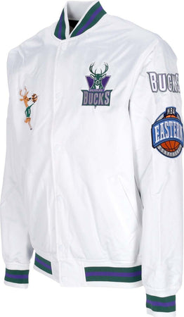 MITCHELL-&amp;-NESS-Giubbotto-Bomber-Uomo-Nba-Hometown-Lw-Satin-Jacket-Hardwood-Classics-Milbuc-White-da-uomo
