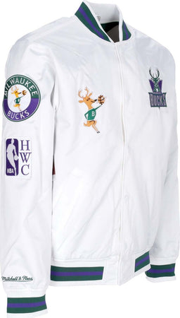 MITCHELL-&amp;-NESS-Giubbotto-Bomber-Uomo-Nba-Hometown-Lw-Satin-Jacket-Hardwood-Classics-Milbuc-White-da-uomo