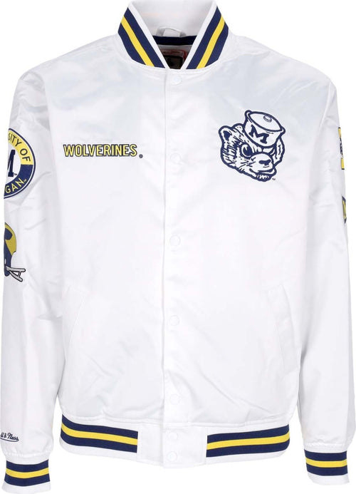 MITCHELL-&-NESS-Giubbotto-Bomber-Uomo-Ncaa-Hometown-Lw-Satin-Jacket-Micwol-White-da-uomo