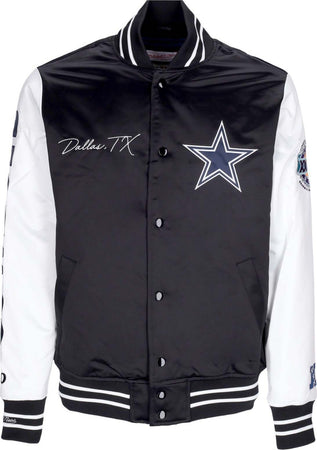 MITCHELL-&amp;-NESS-Giubbotto-Bomber-Uomo-Nfl-Team-Origins-Varsity-Satin-Jacket-Dalcow-Black/white-da-uomo