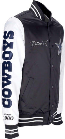 MITCHELL-&amp;-NESS-Giubbotto-Bomber-Uomo-Nfl-Team-Origins-Varsity-Satin-Jacket-Dalcow-Black/white-da-uomo