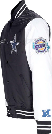 MITCHELL-&amp;-NESS-Giubbotto-Bomber-Uomo-Nfl-Team-Origins-Varsity-Satin-Jacket-Dalcow-Black/white-da-uomo