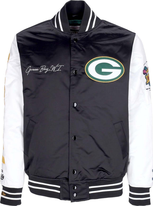 MITCHELL-&-NESS-Giubbotto-Bomber-Uomo-Nfl-Team-Origins-Varsity-Satin-Jacket-Grepac-Black/white-da-uomo