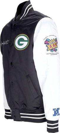 MITCHELL-&amp;-NESS-Giubbotto-Bomber-Uomo-Nfl-Team-Origins-Varsity-Satin-Jacket-Grepac-Black/white-da-uomo