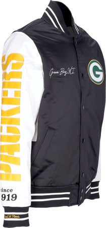 MITCHELL-&amp;-NESS-Giubbotto-Bomber-Uomo-Nfl-Team-Origins-Varsity-Satin-Jacket-Grepac-Black/white-da-uomo