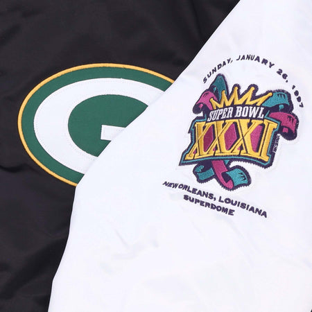 MITCHELL-&amp;-NESS-Giubbotto-Bomber-Uomo-Nfl-Team-Origins-Varsity-Satin-Jacket-Grepac-Black/white-da-uomo