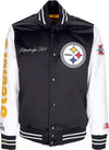 MITCHELL-&-NESS-Giubbotto-Bomber-Uomo-Nfl-Team-Origins-Varsity-Satin-Jacket-Pitste-Black/white-da-uomo