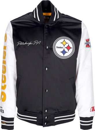 MITCHELL-&amp;-NESS-Giubbotto-Bomber-Uomo-Nfl-Team-Origins-Varsity-Satin-Jacket-Pitste-Black/white-da-uomo