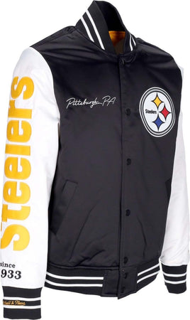 MITCHELL-&amp;-NESS-Giubbotto-Bomber-Uomo-Nfl-Team-Origins-Varsity-Satin-Jacket-Pitste-Black/white-da-uomo
