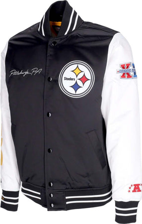 MITCHELL-&amp;-NESS-Giubbotto-Bomber-Uomo-Nfl-Team-Origins-Varsity-Satin-Jacket-Pitste-Black/white-da-uomo