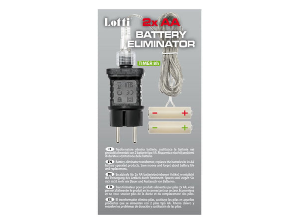 Trasformatore "Battery Eliminator" per batterie con Timer 8 ore On, disinseribile tramite Pulsante Luminoso