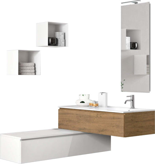Mobile Bagno 120cm, Lavabo, Due Basi Con Cassetto, Specchio Con Lampada E Due Cubi Porta Oggetti Casa e cucina/Bagno/Mobili da bagno/Mobiletti con lavabo Shopbagno.it - Roma, Commerciovirtuoso.it