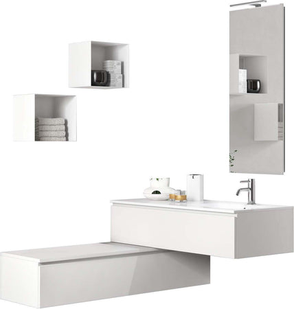 Mobile Bagno 120cm, Lavabo, Due Basi Con Cassetto, Specchio Con Lampada E Due Cubi Porta Oggetti Casa e cucina/Bagno/Mobili da bagno/Mobiletti con lavabo Shopbagno.it - Roma, Commerciovirtuoso.it