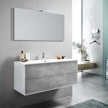 Mobile Bagno 120cm Sospeso Due Cassetti e Specchio Con Lampada Cemento