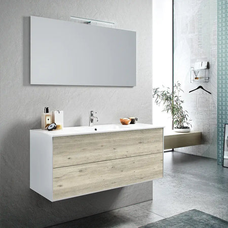 Mobile Bagno 120cm Sospeso Due Cassetti e Specchio Con Lampada Pino Artico
