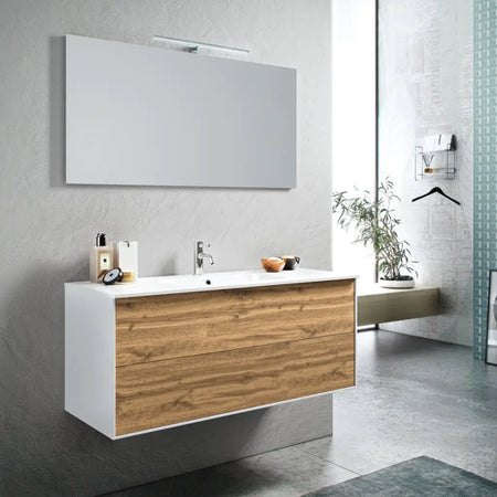 Mobile Bagno 120cm Sospeso Due Cassetti e Specchio Con Lampada Rovere Miele