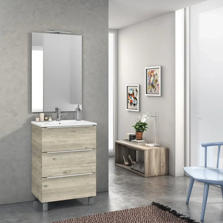 Mobile Bagno 60cm a Terra Con Tre Cassetti e Specchio Pino Artico
