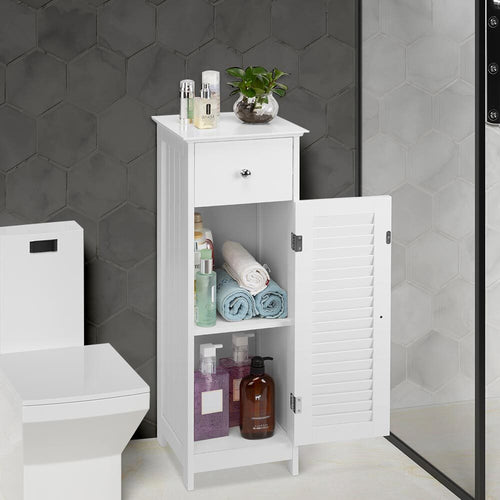 Mobile-Bagno-con-Anta-e-Cassetto-Mobiletto-2-Ripiani-Legno-MDF-Bianco-32x30x87cm