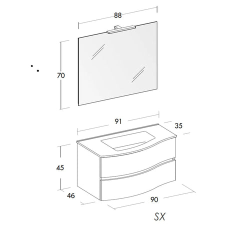 Mobile Bagno Curvo 90cm Sospeso Con Cassettoni - Larice Bianco