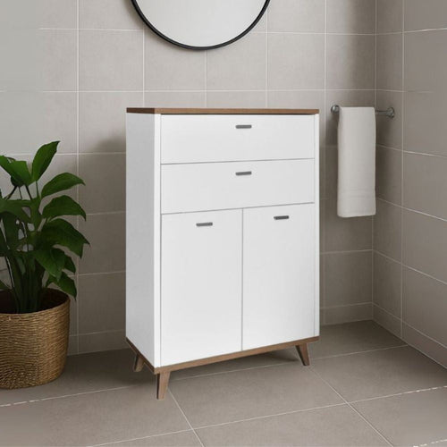 Mobile bagno Lumos con due cassetti e due ante colore bianco opaco e rovere