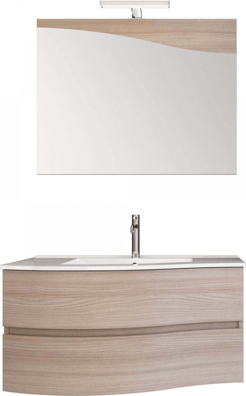 Mobile Bagno Onda Sospeso Con Cassettoni 90cm Set Completo Legno Olmo Chiaro Lavabo in Ceramica Bianca E Specchio Con Lampada Casa e cucina/Bagno/Mobili da bagno/Mobiletti e armadietti/Mobili a muro Shopbagno.it - Roma, Commerciovirtuoso.it