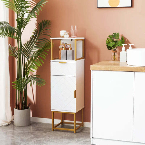 Mobile-Colonna-Bagno-con-Cassetto,-Armadietto-e-Ripiano-in-Legno-e-Metallo,-30x30x105cm,-Bianco-TD4834-537V80WTTD4