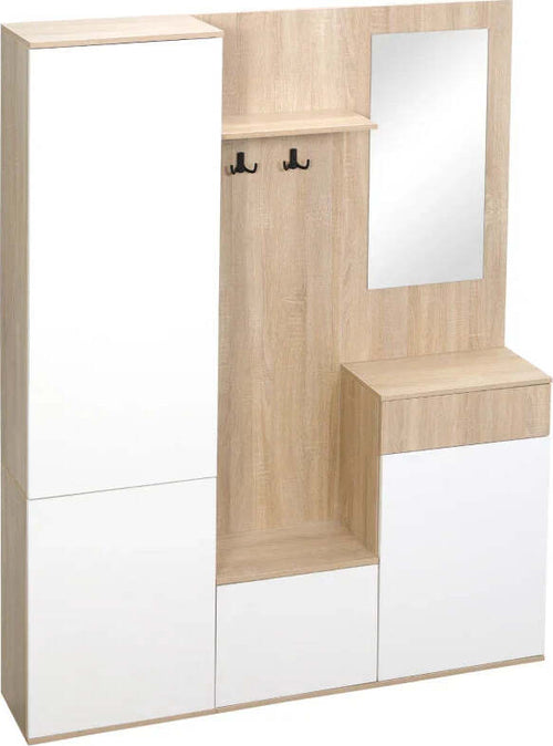 Mobile-da-Ingresso-4-in-1-in-Truciolato-con-Specchio,-Ganci-e-Ripiani-Regolabili-Interni,-145x29x184-cm-HJ6837-256V00WTHJ6