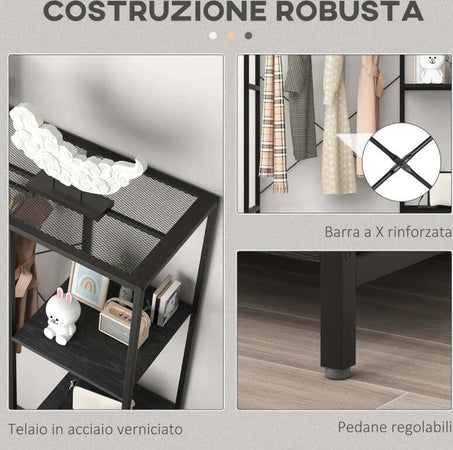 Mobile-da-Ingresso-con-Appendiabiti-da-Terra-e-Scarpiera,-in-Acciaio-e-Truciolato,-110x45x169.5-cm,-Nero-TR7837-476V00BKTR7