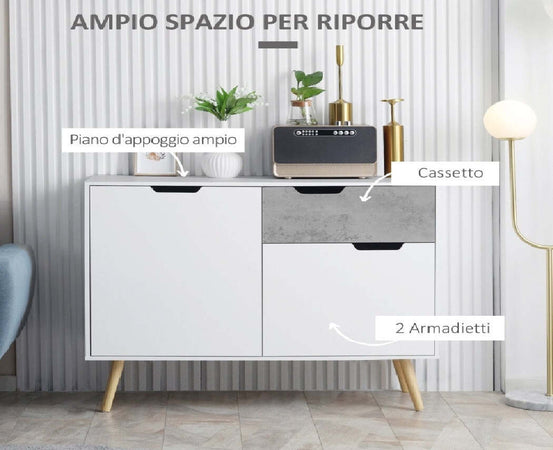 Mobile-da-Salotto-con-2-Armadietti-a-2-Ante-e-Cassetto-in-legno-Pino,-100x40x82-cm,-Grigio-e-Bianco-mobile-tv-credenza-madia-F838-196LGA