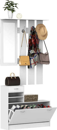 Mobile-d'Ingresso-Moderno-Guardaroba-Set-Appendiabiti,-Specchio-e-Scarpiera-3-in-1,-in-Legno-Bianco-BN3831-146WTBN3
