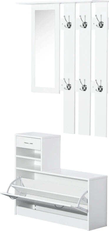 Mobile-d'Ingresso-Moderno-Guardaroba-Set-Appendiabiti,-Specchio-e-Scarpiera-3-in-1,-in-Legno-Bianco-BN3831-146WTBN3