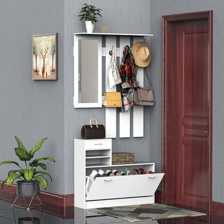 Mobile-d'Ingresso-Moderno-Guardaroba-Set-Appendiabiti,-Specchio-e-Scarpiera-3-in-1,-in-Legno-Bianco-BN3831-146WTBN3